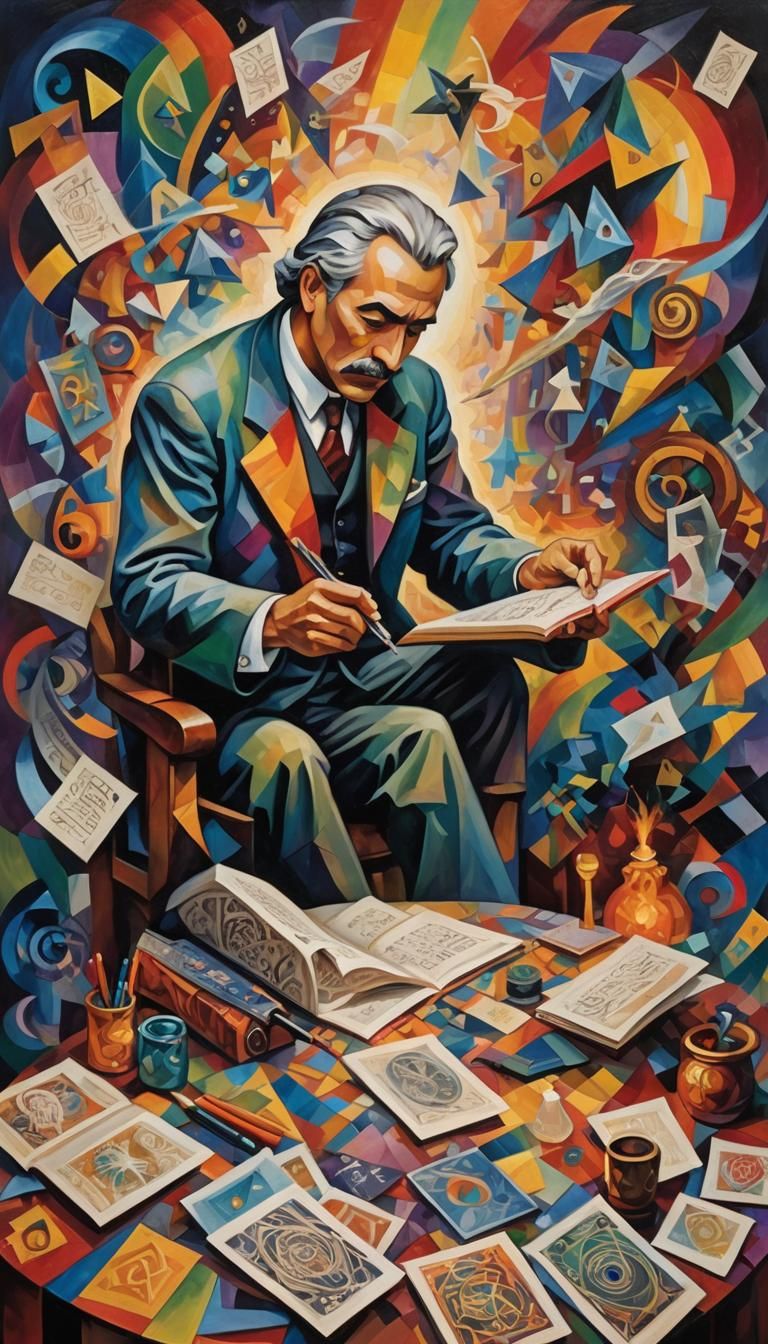 Cubist Poet with Pen of Fate in Picasso Style