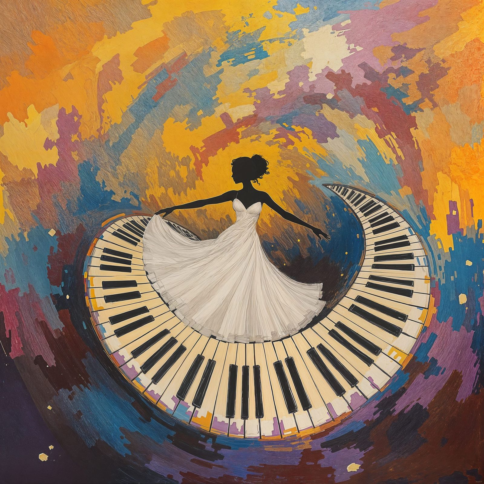 Vibrant Impressionistic Dance on a Golden Keyboard