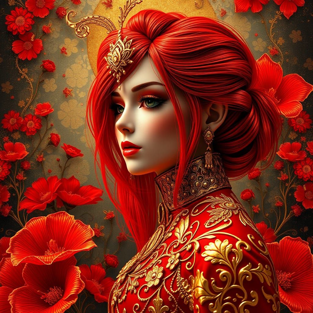 Crimson Haired Woman in Gold Kintsugi Art