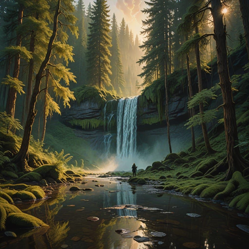 Alien in Taiga Reflecting Waterfall as Oil Painting