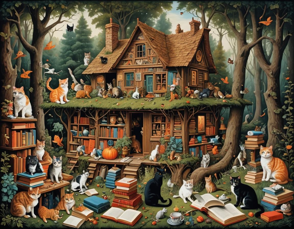 Surreal Cottage Scene with Cats and Books