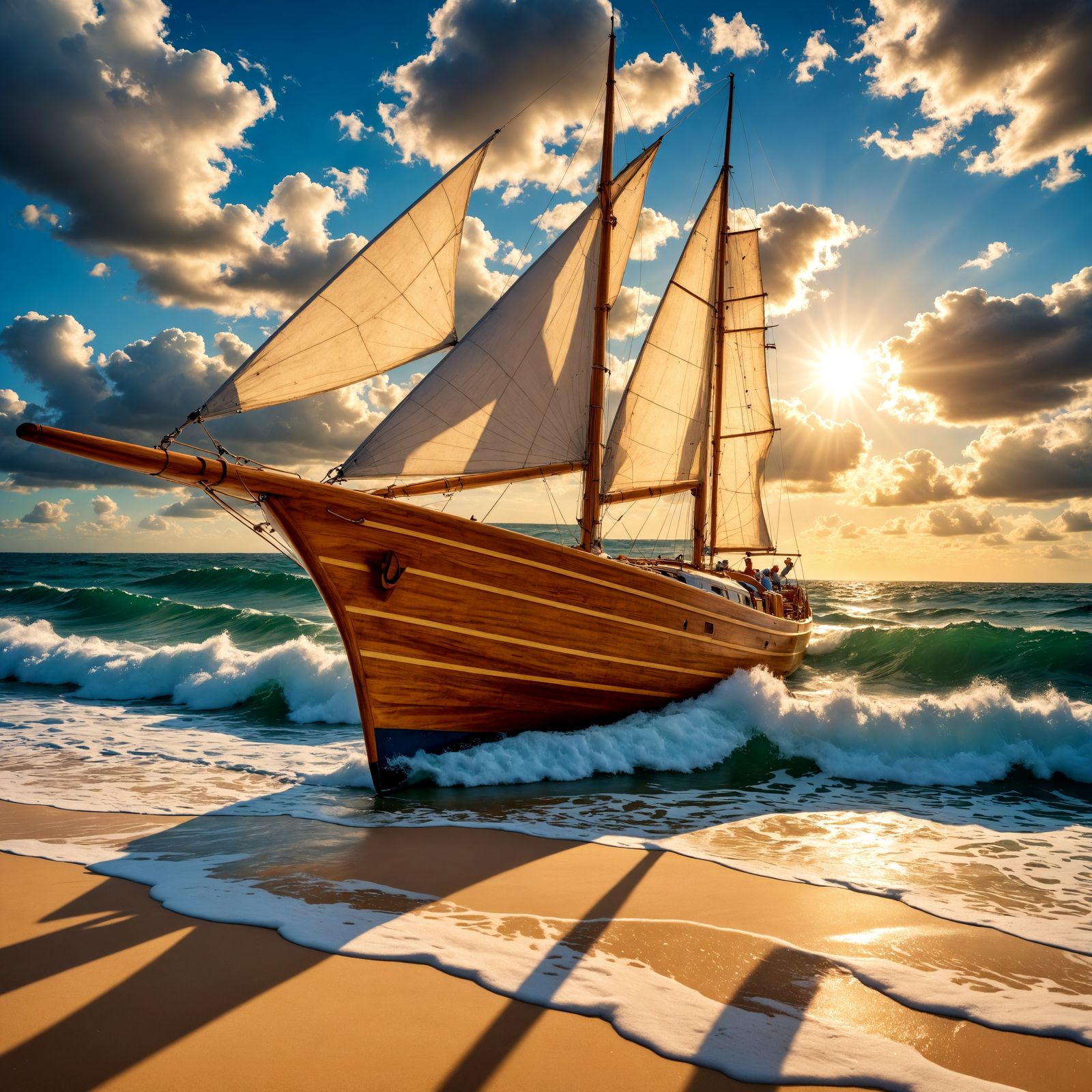 Wooden Sailboat on Ocean: Hyperrealistic Art Photography
