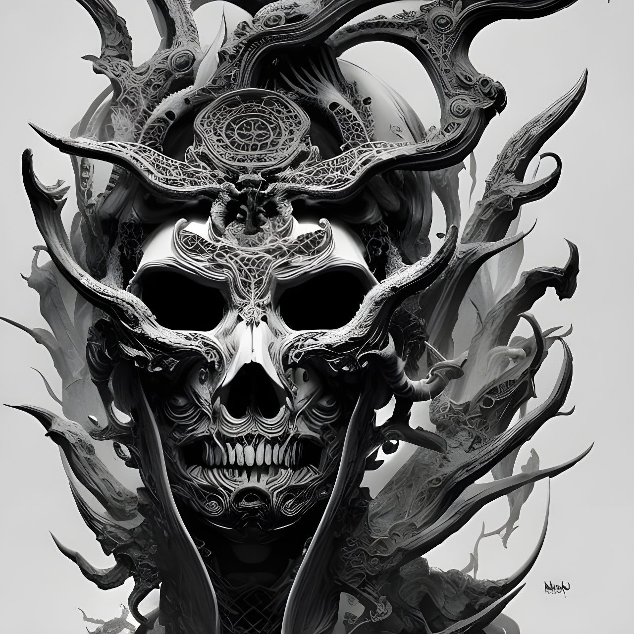 Monochrome Demon Portrait in Dark Fantasy Style