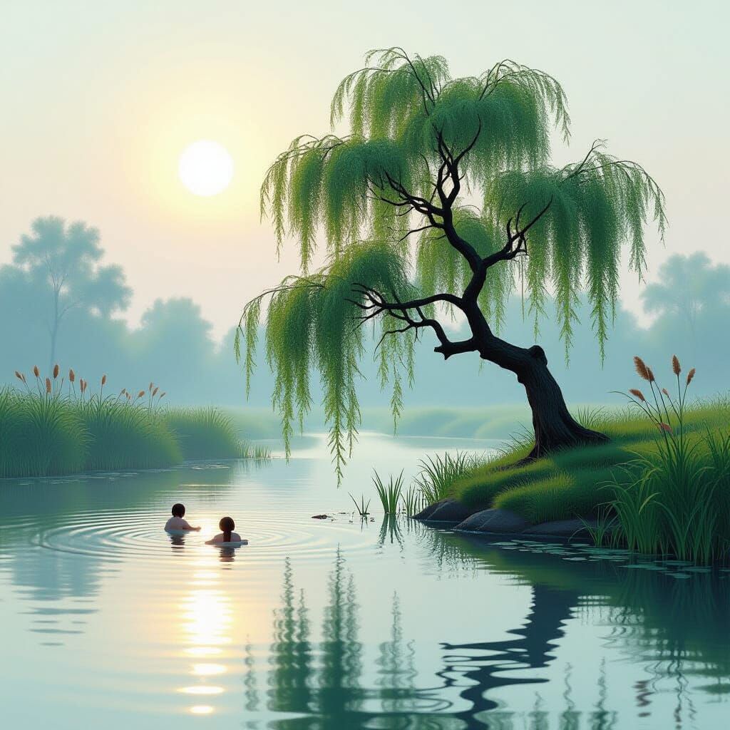 Dreamlike Willow Tree Reflecting in Water