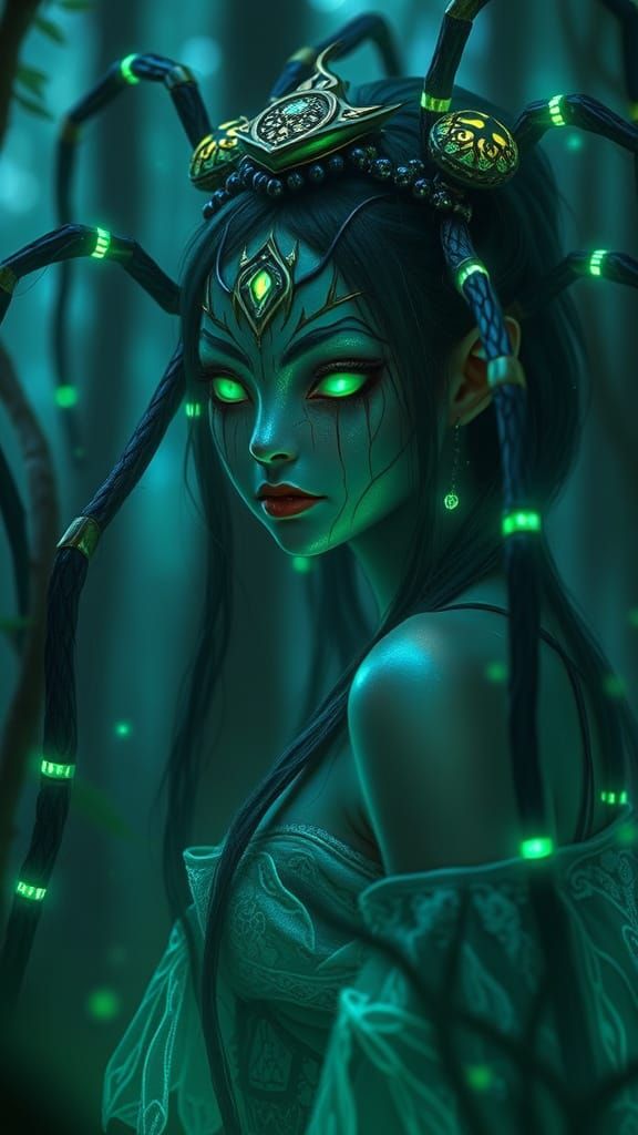 Bioluminescent Japanese Spider Maiden Portrait in Fantasy Fo...