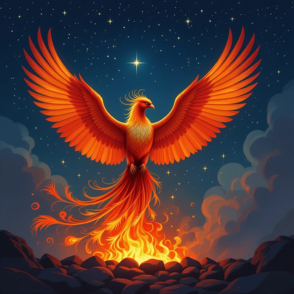 Majestic Phoenix Rises from Embers in Starlit Sky