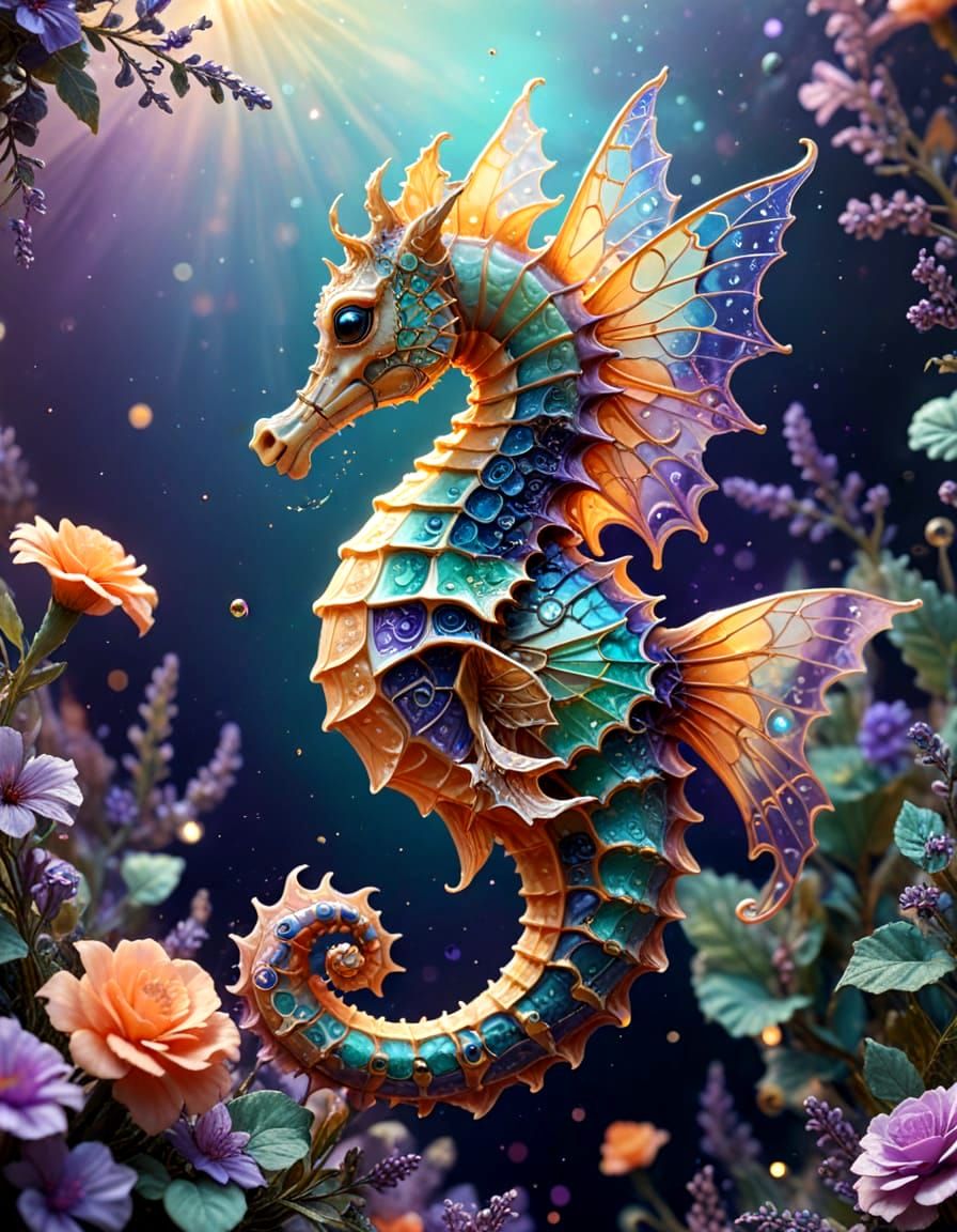 Hyper detail photography, hybrid seahorse with large intrica...