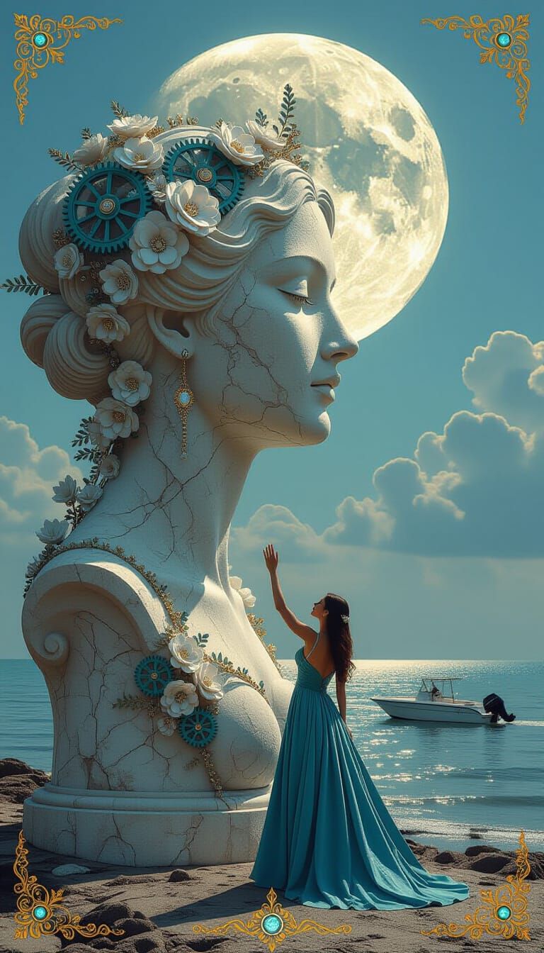 Surreal Stone Arch Portrait with Floral Filigree and Moonlig...