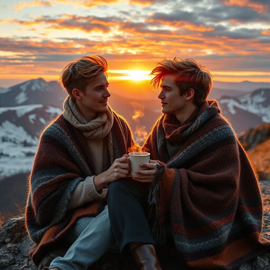 Men Share Tea at Sunrise: Impressionistic Mountain Scene