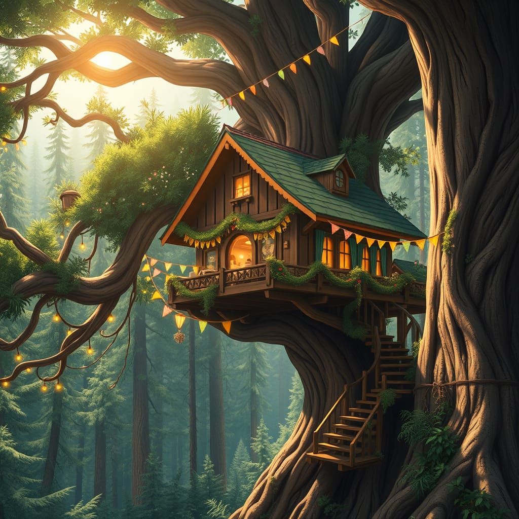 Enchanting Treehouse Scene in Dreamlike Style