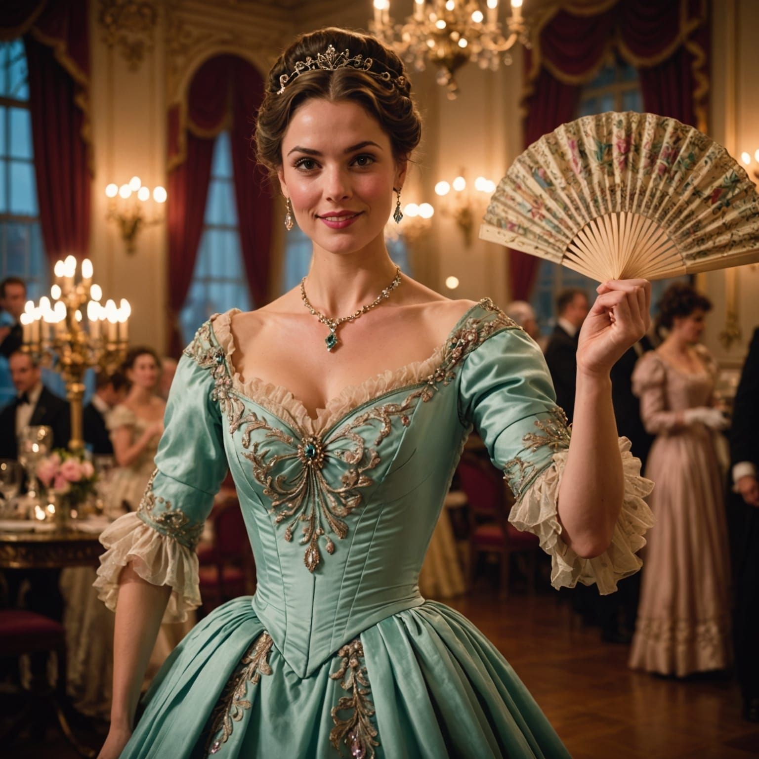 Regency Woman Flutters Fan in Candlelit Ballroom