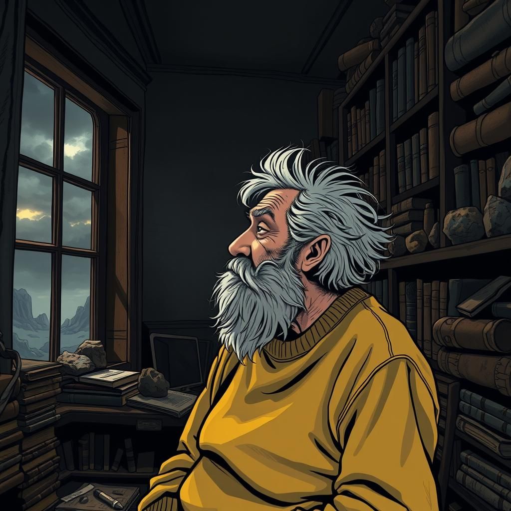 Elderly Man Contemplates Life in Study, Comic Book Art