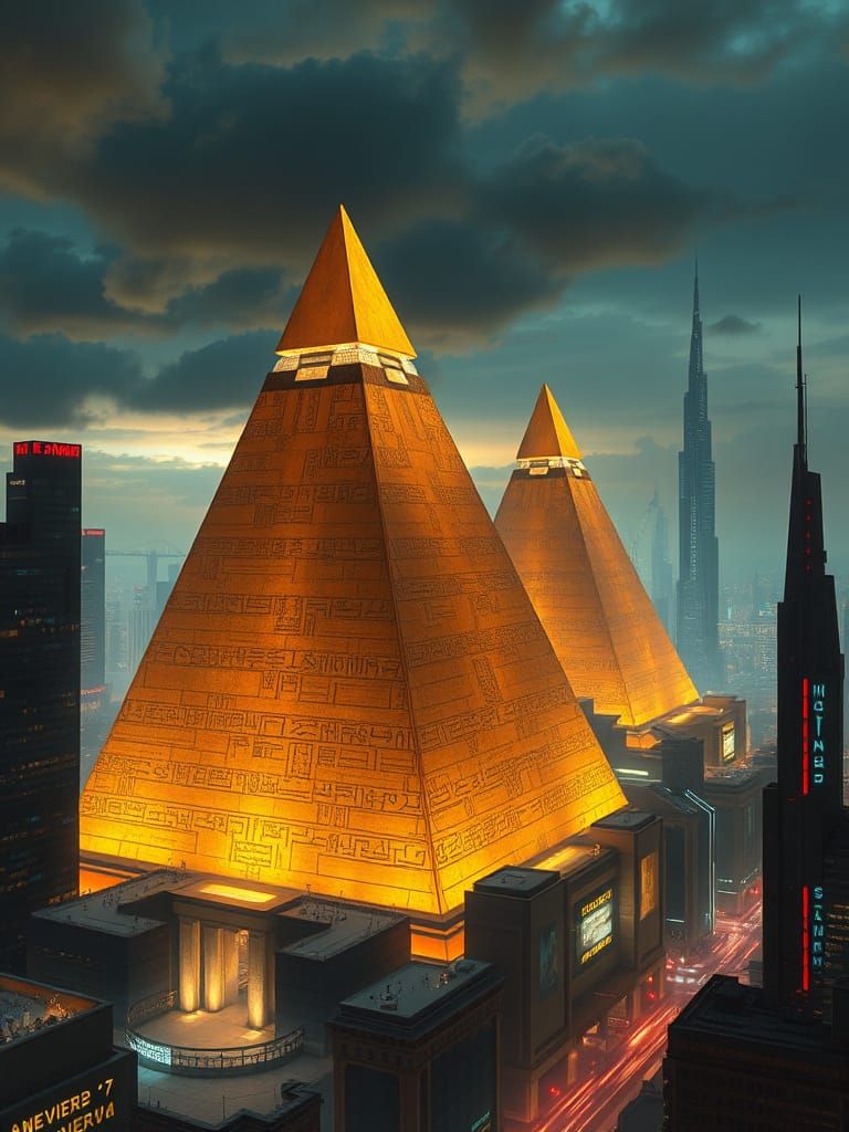 Ancient Pyramid Skyscrapers in Futuristic Metropolis