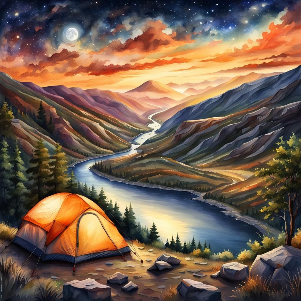 Mountain Campsite at Sunset Watercolor Painting