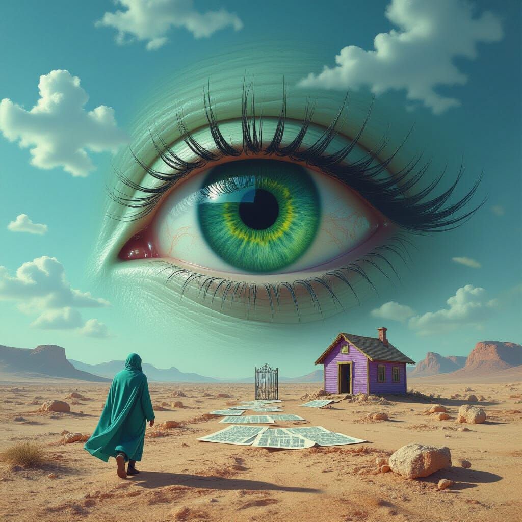 Giant Green Eye Walks Through Newspaper Desert