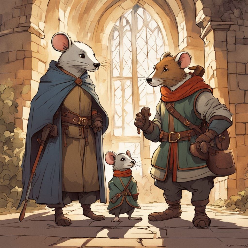 Whimsical Redwall Heroes Stand Ready in Golden Abbey Light