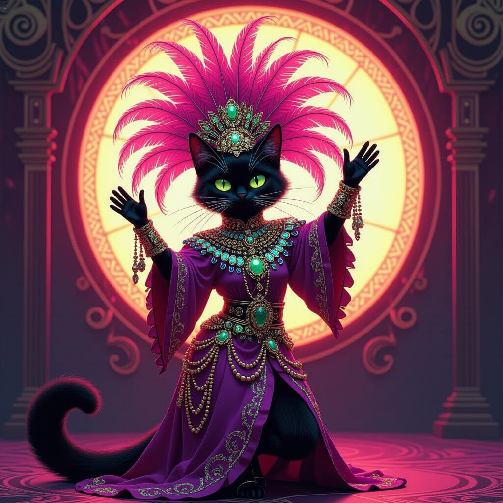 Glamorous Cat Posing on Neon Stage, Art Nouveau Style