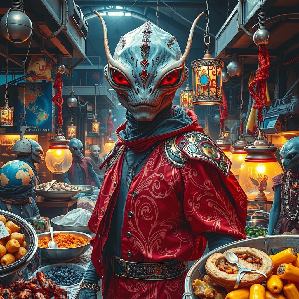 Crowded Alien Market with Glowing Gadgets