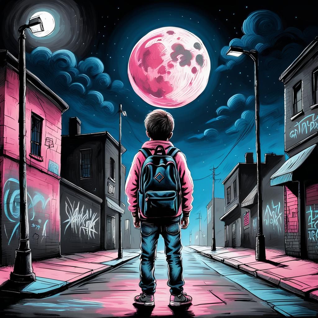 Chalk Art: Boy Under Streetlight with Pink Moon