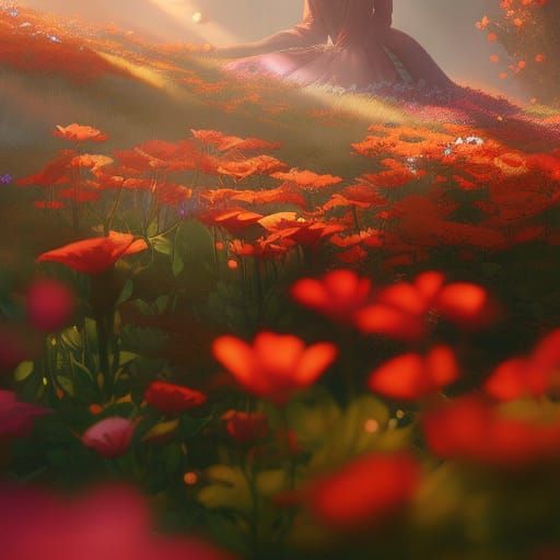 Woman in Flower Bed: Digital Art