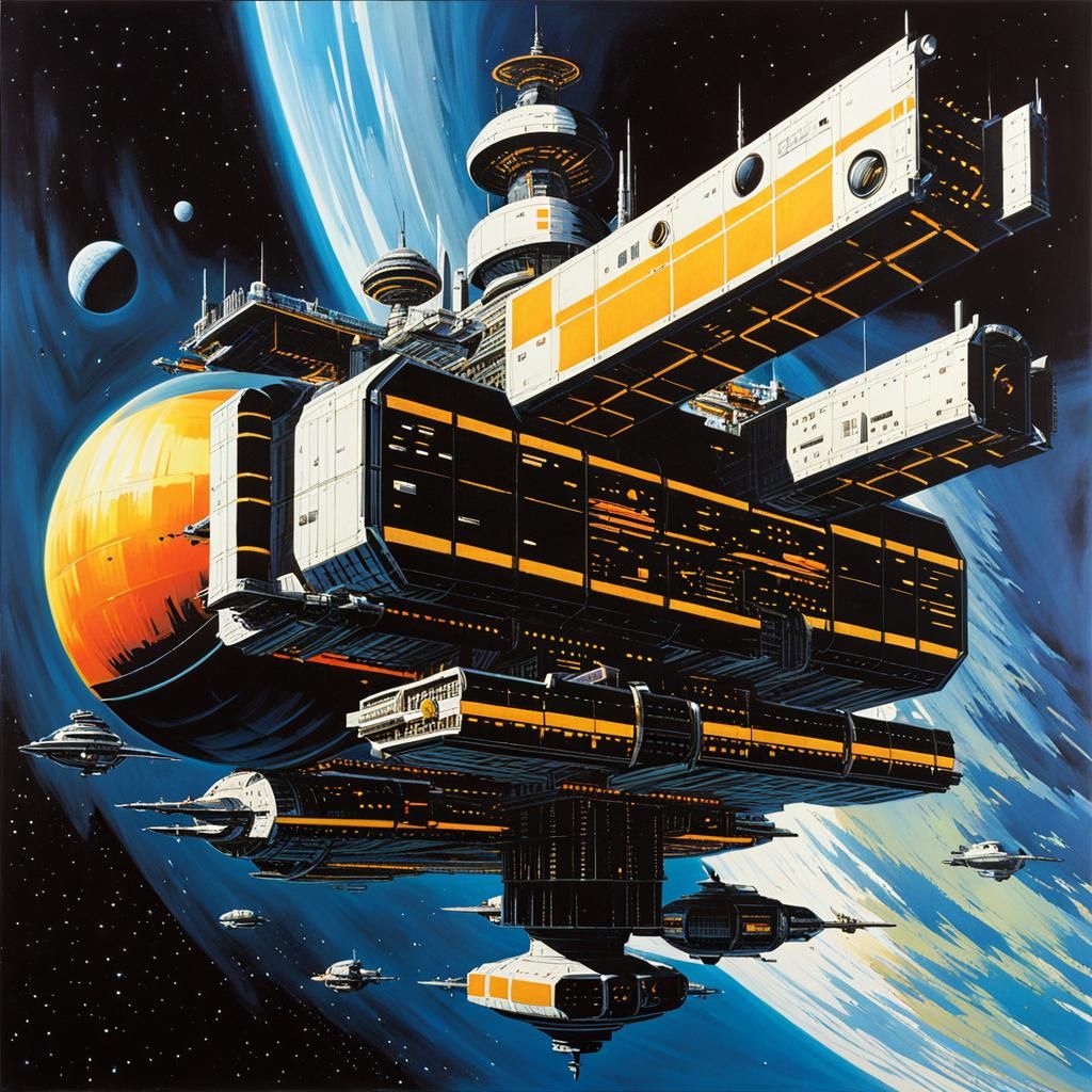 Colossal Space Station in 1970s Sci-Fi Art Style