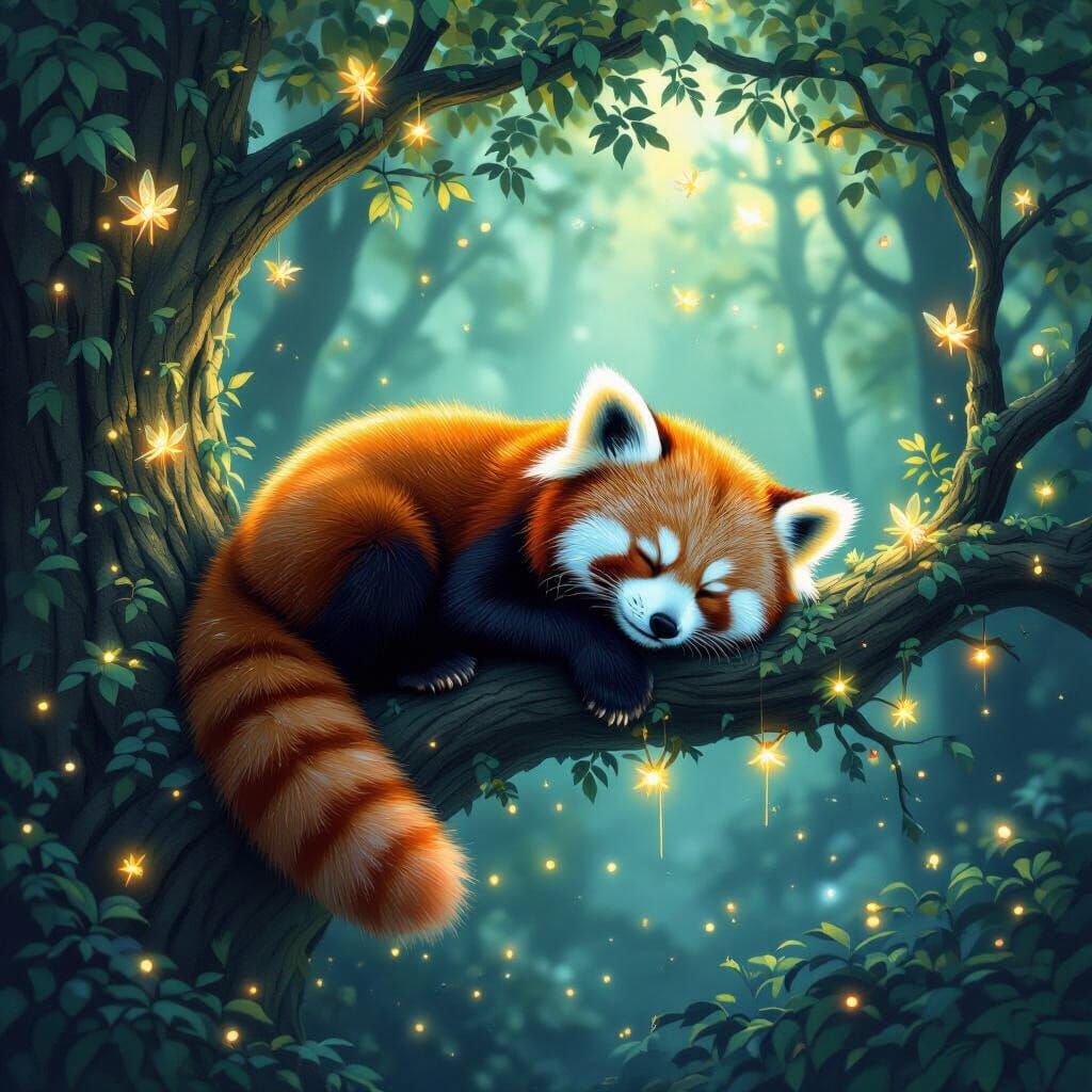 Bioluminescent Forest Scene with Sleeping Red Panda