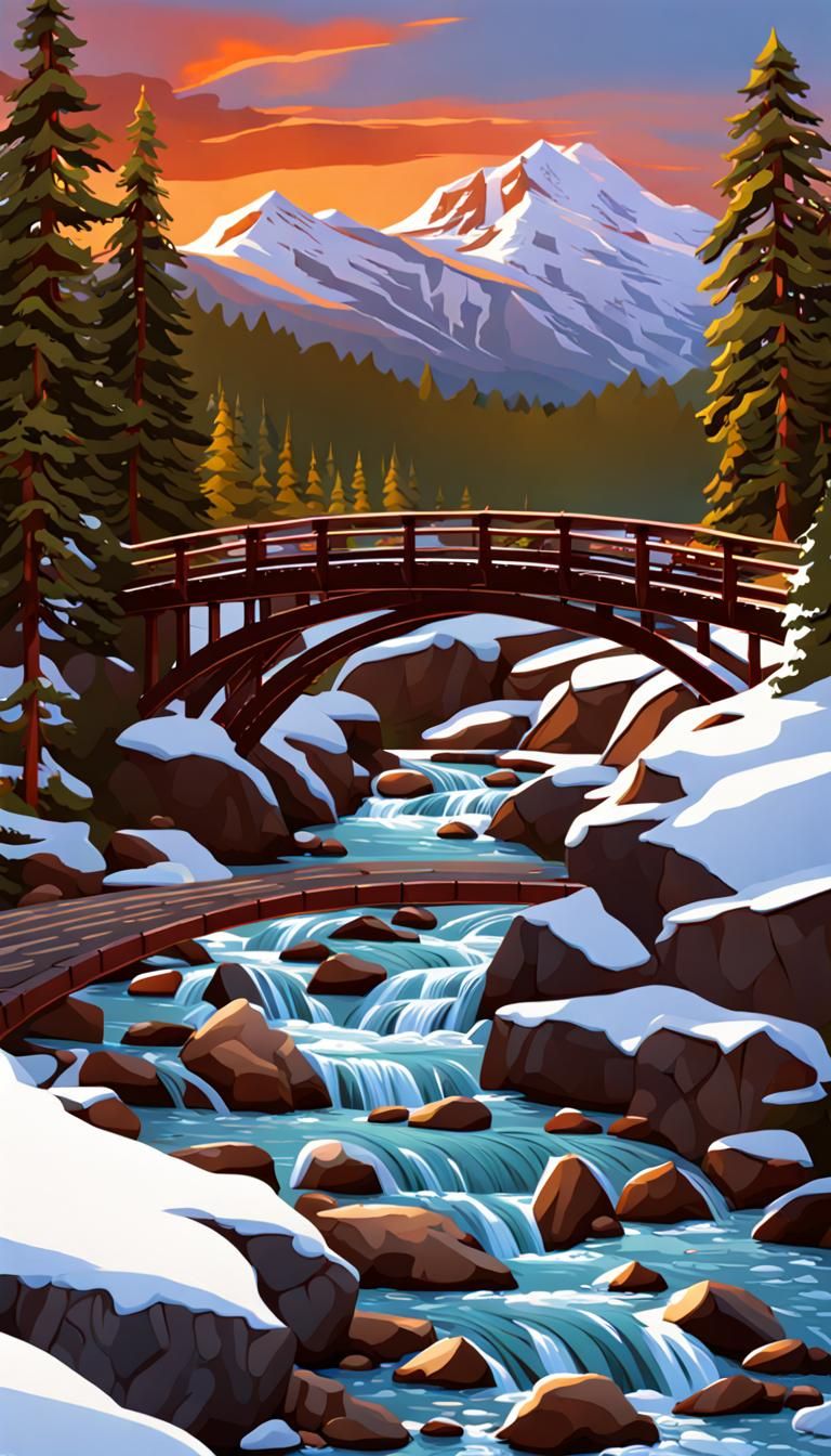 Mountain Sunset With River and Arcade Bridge