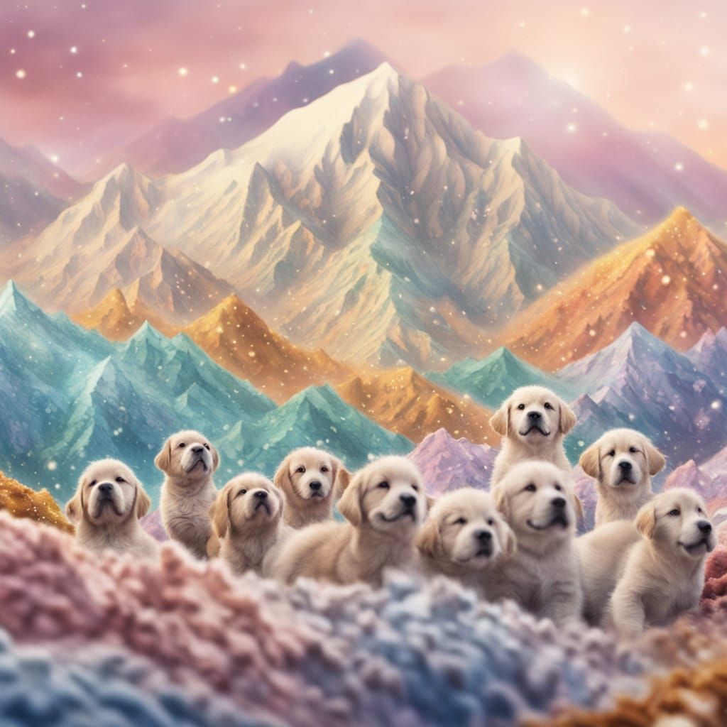 Surreal Whimsy: Puppies Conquer a Dreamlike Mountain Peak