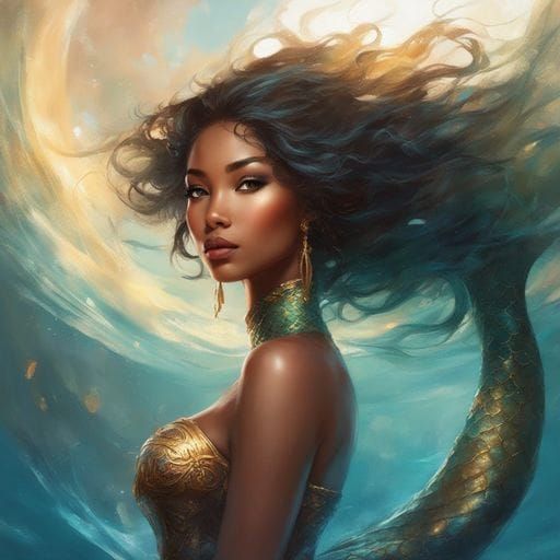 Beautiful Black Asian Mermaid Portrait in Splash Art Style