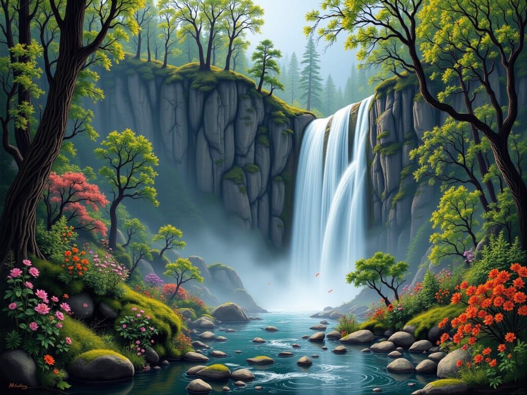 Majestic Waterfall in Dramatic Retrofolk Style
