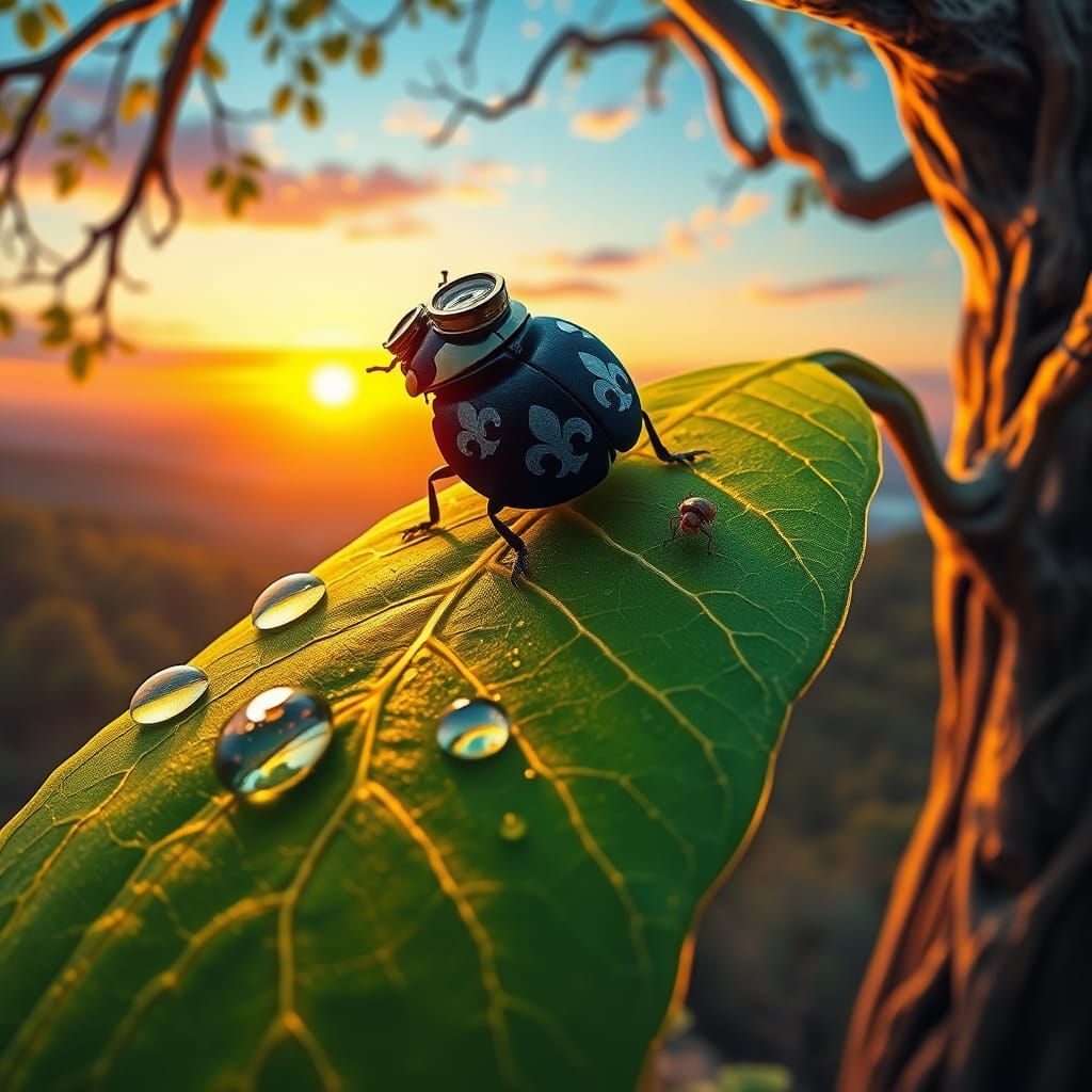 Ladybug on Magical Oak Leaf in Steampunk Style