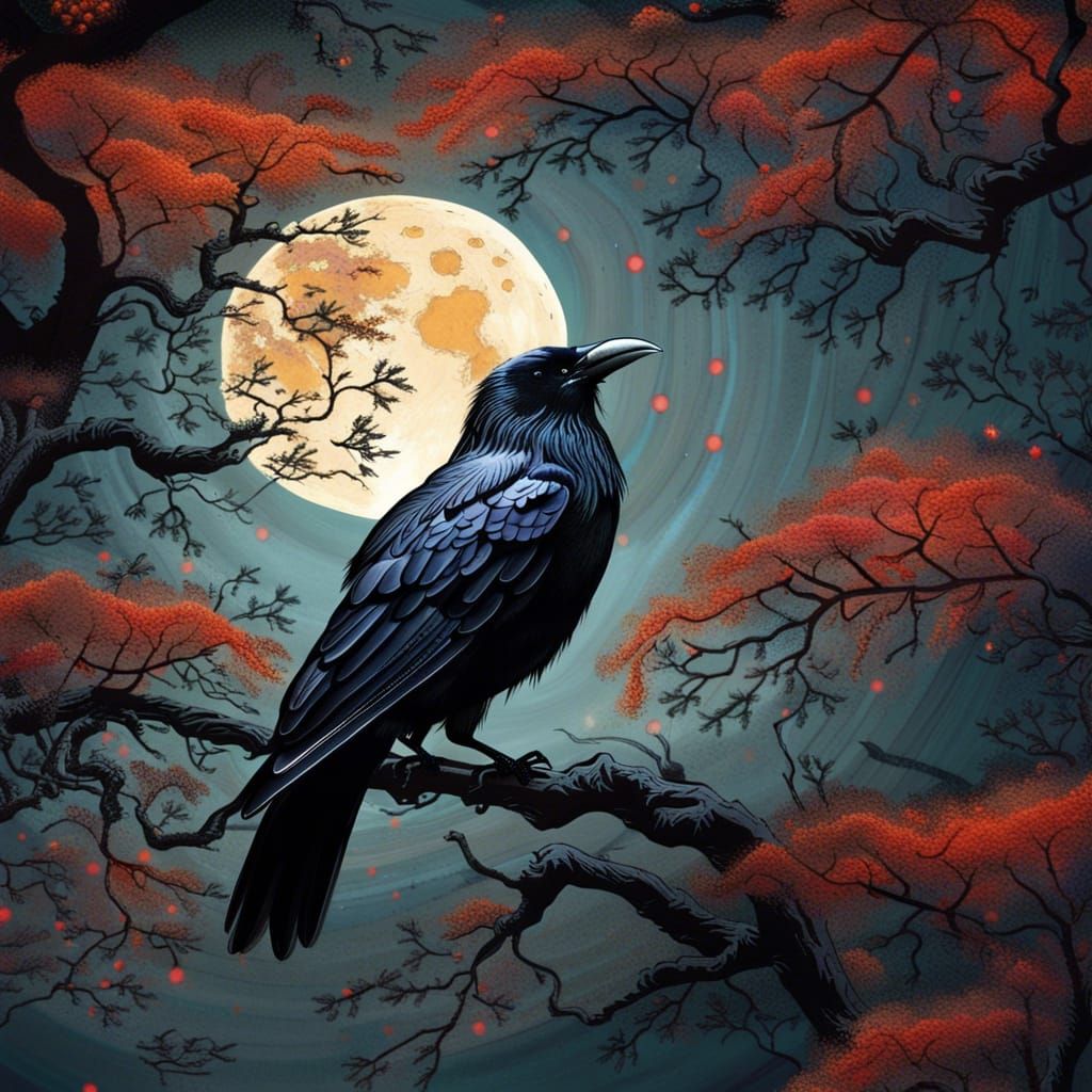 Japanese Art: Crow in Tree Under Glowing Moon