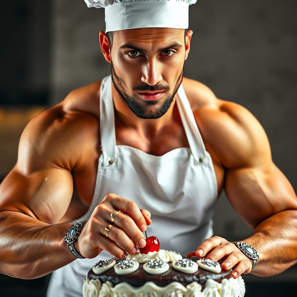 Muscular Chef Decorates Cake: Photorealistic High Contrast I...