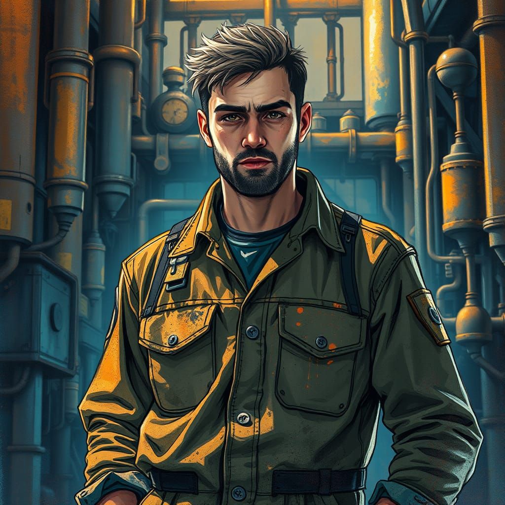 Steampunk Mechanic in Ink Drawing Style