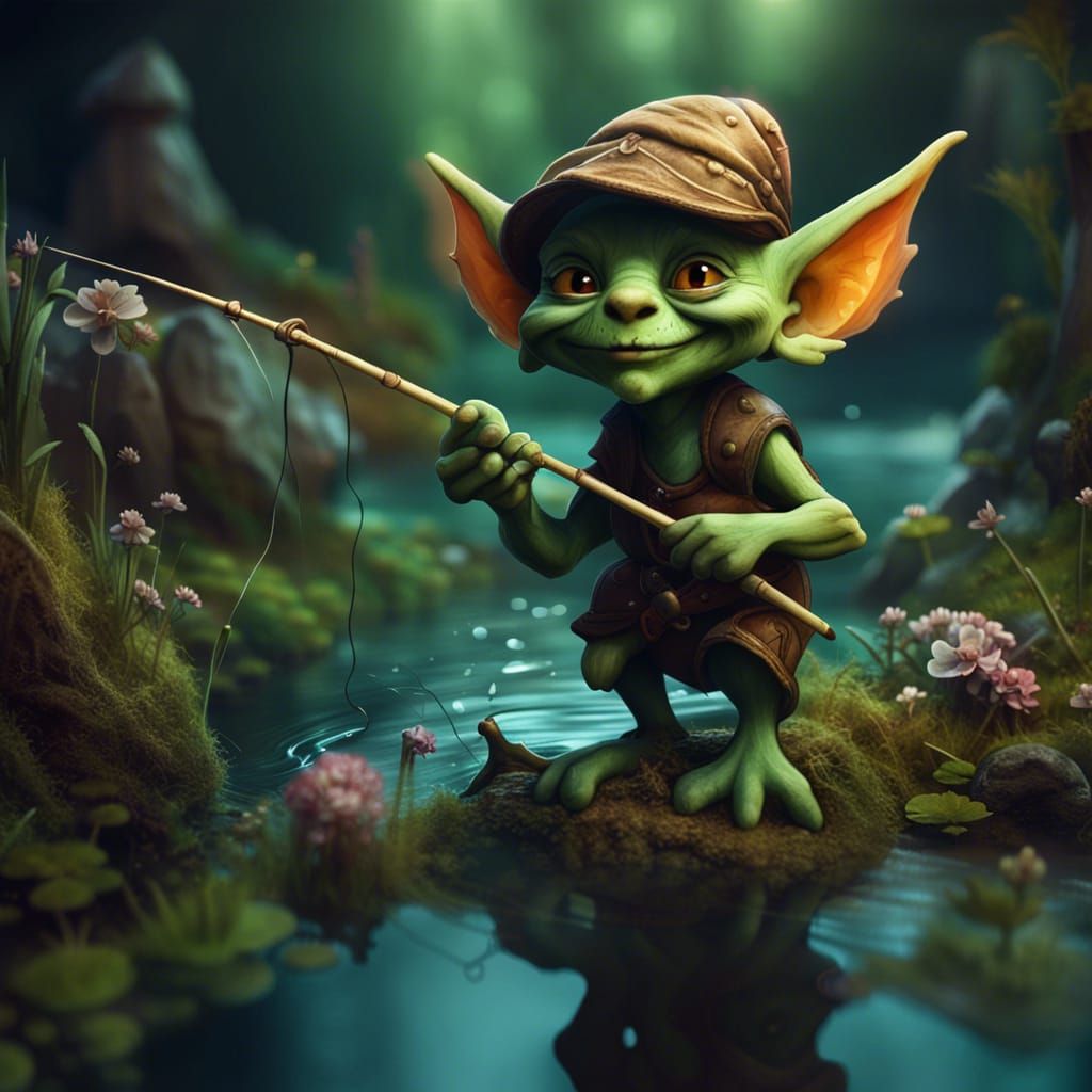 Smiling Goblin Fishing in Fantasy Landscape