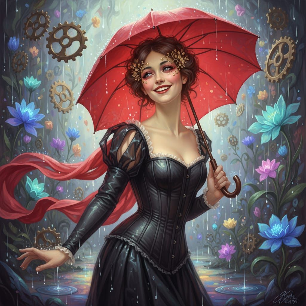 Renaissance Imp with Red Umbrella in Surreal Dreamscape