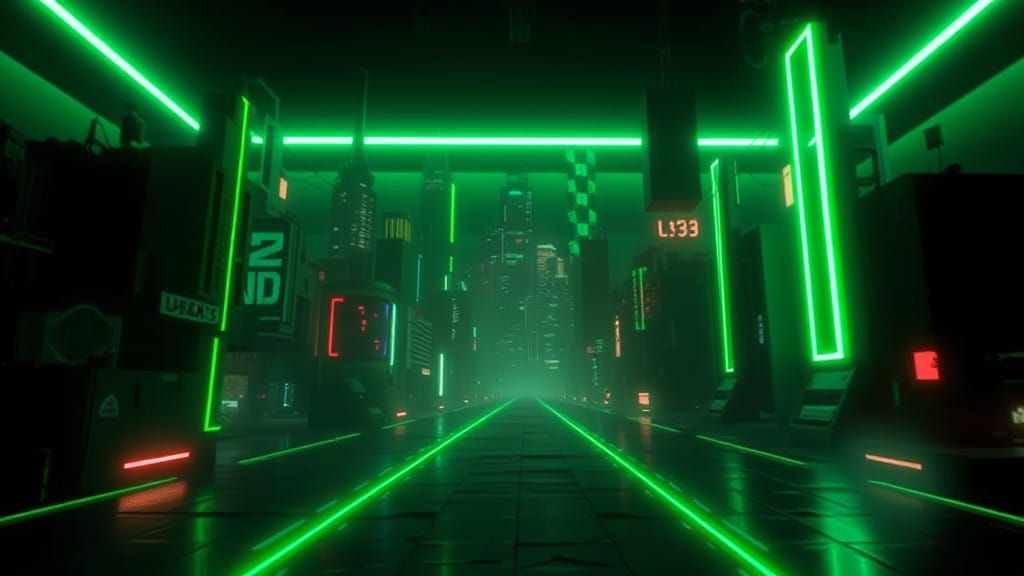 Dark Futuristic Cityscape with Electric Green Glow