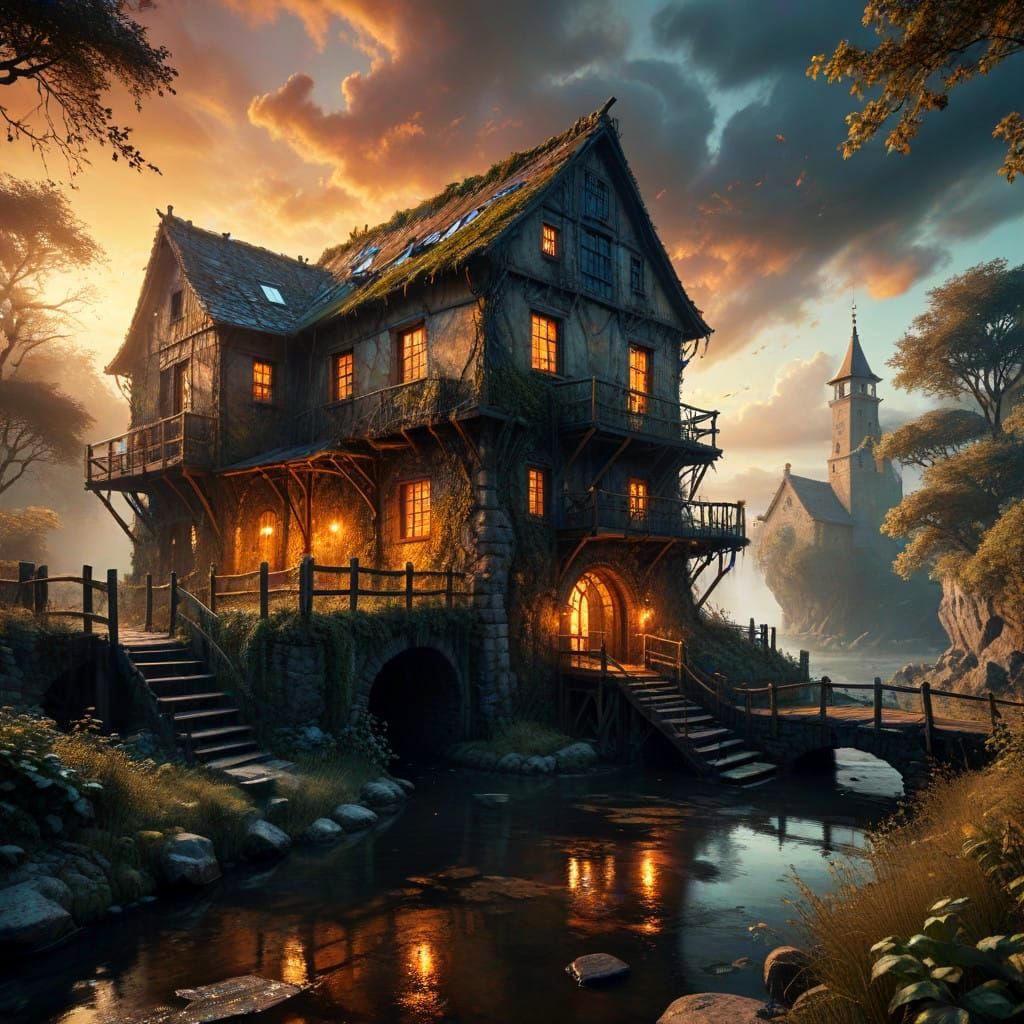 Mystical Watermill at Sunset