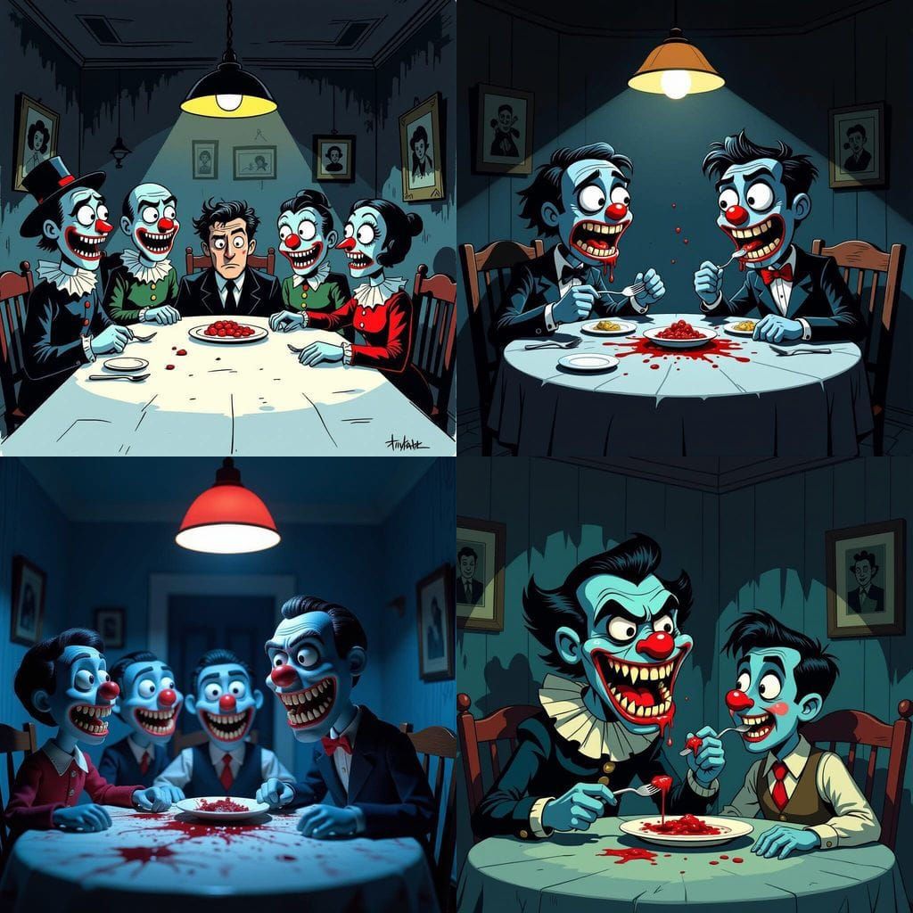 Grotesque Puppets Devour Man in Shadowed Dining Room