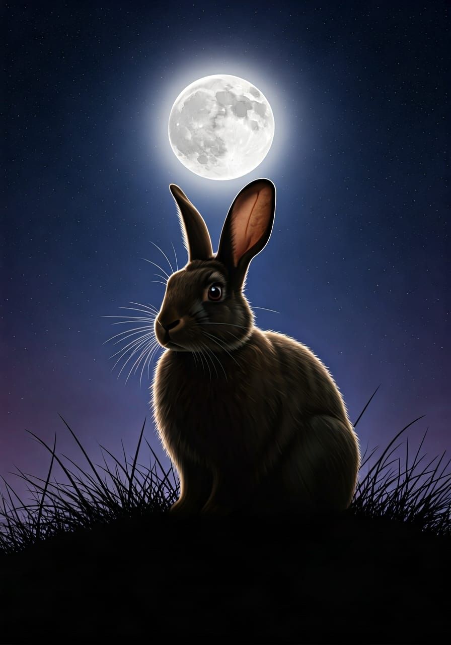 Rabbit Silhouette Against a Glowing Moonlit Sky
