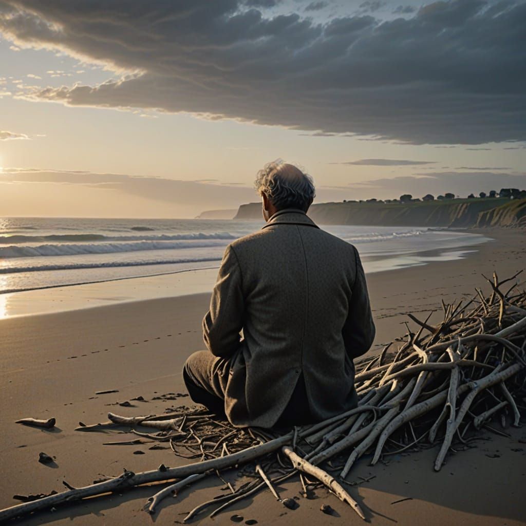 A Man's Somber Reflection on a Deserted Beach at Sunset