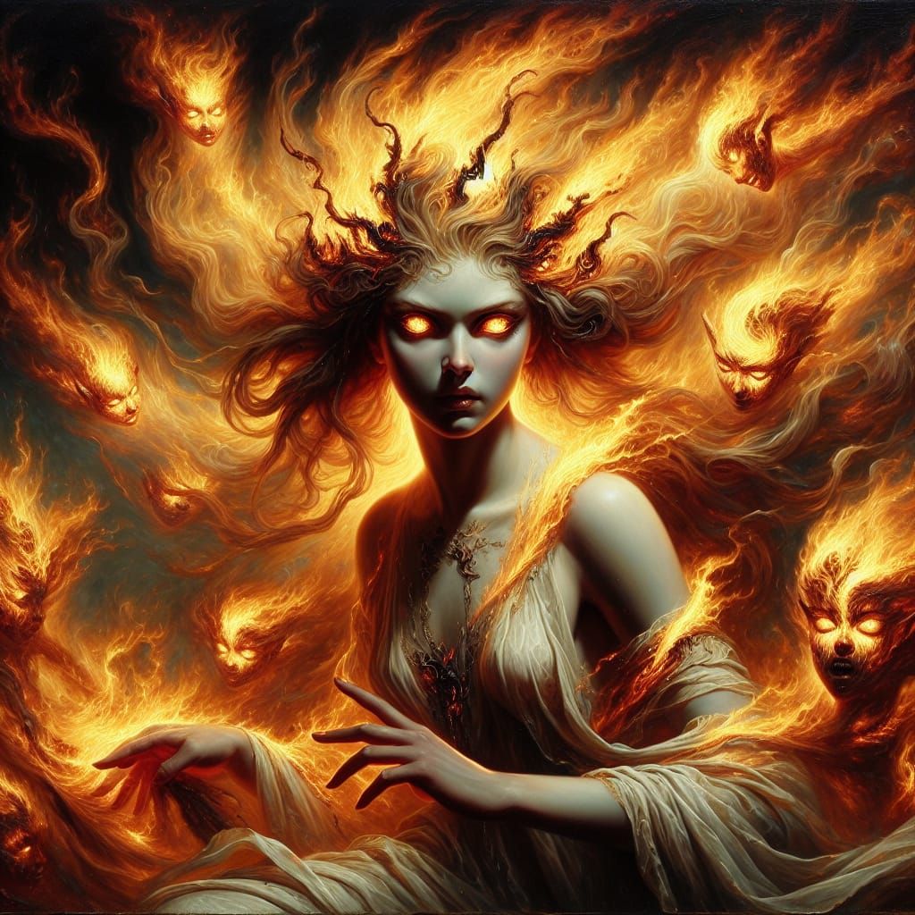 Demonic Maiden Wreathed in Fire as Realist Painting