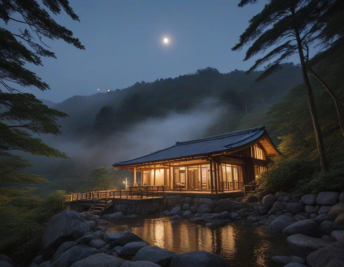 Serene Mountain Ryokan Under Starry Night