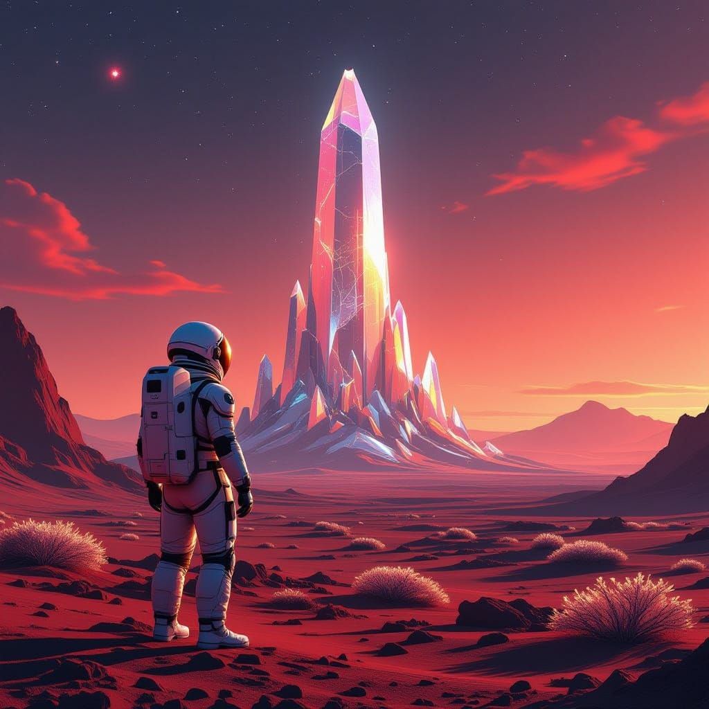 Astronaut Gazes at Crystalline Structure on Alien Planet