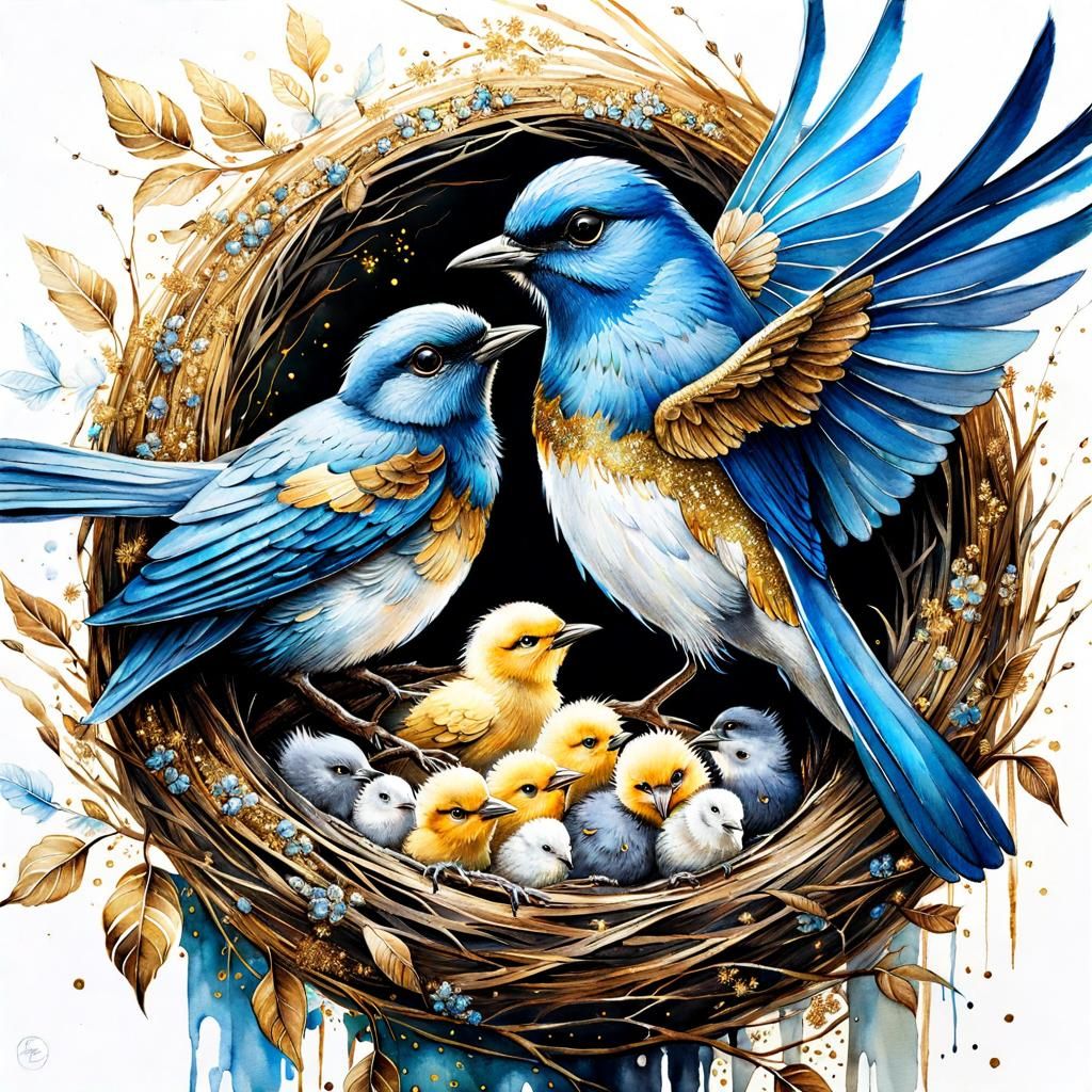 Whimsical Blue Bird Feeding Chicks in Glittering Nest