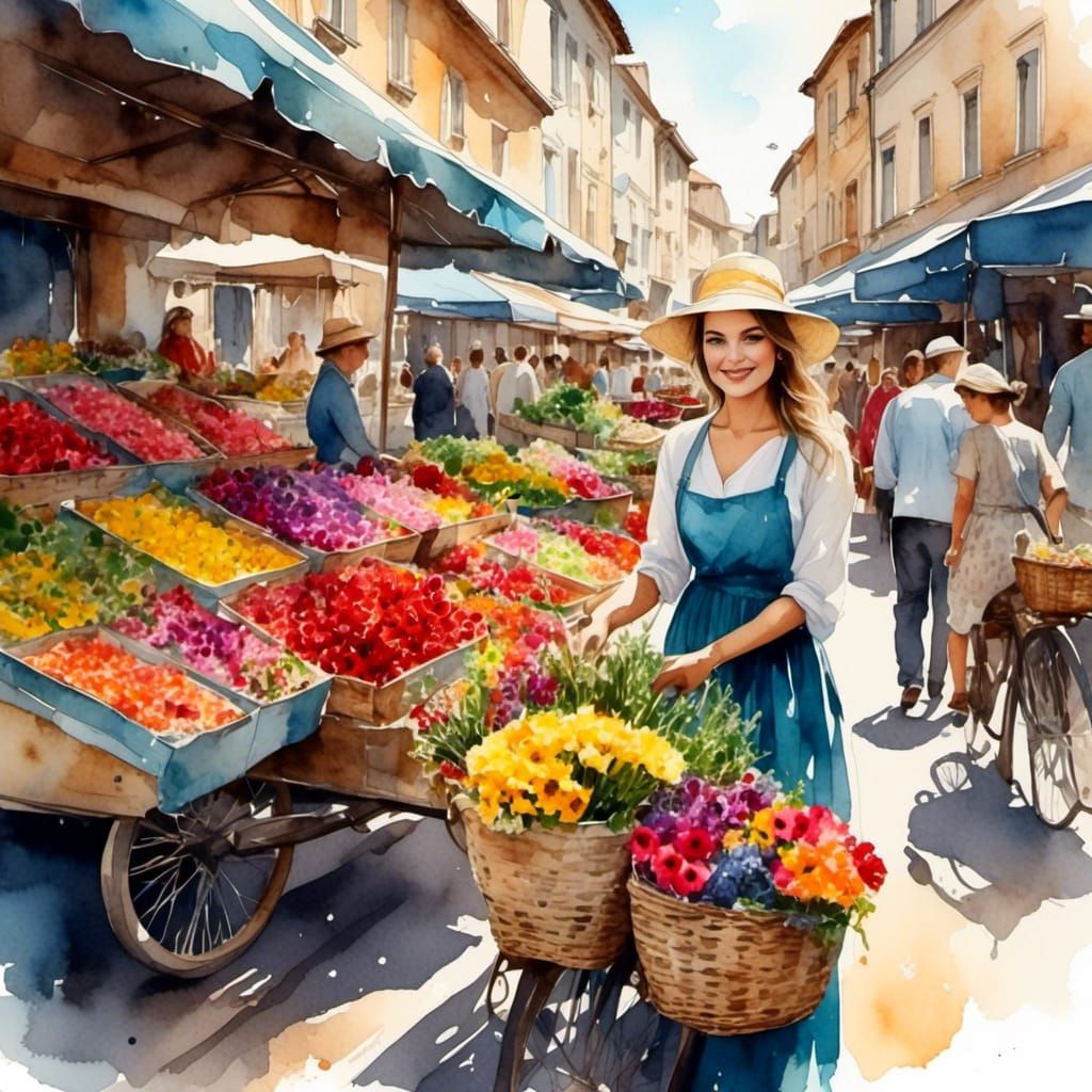 Beautiful Woman Selling Flowers in Watercolor Style