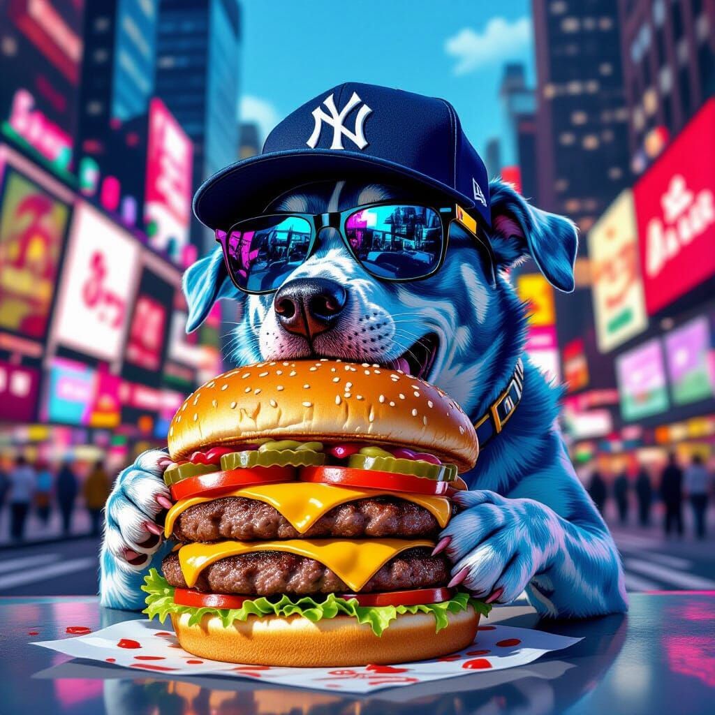 Blue Dog Eats Burger in Times Square, Digital Art