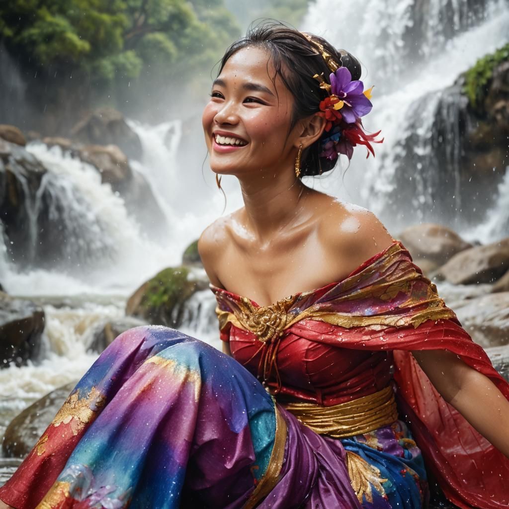 Happy Thai Woman in Waterfall: Anime Concept Art