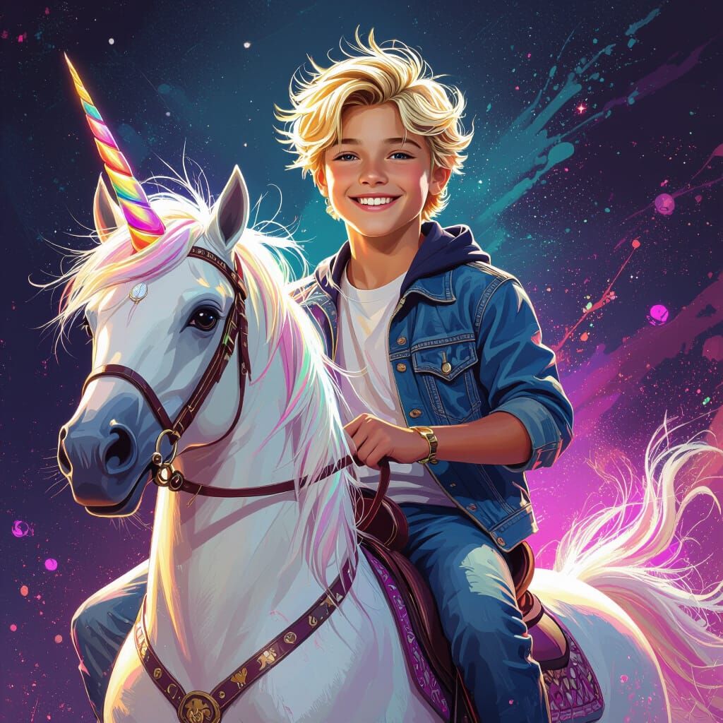 Boy Rides Unicorn: Fantasy Digital Art