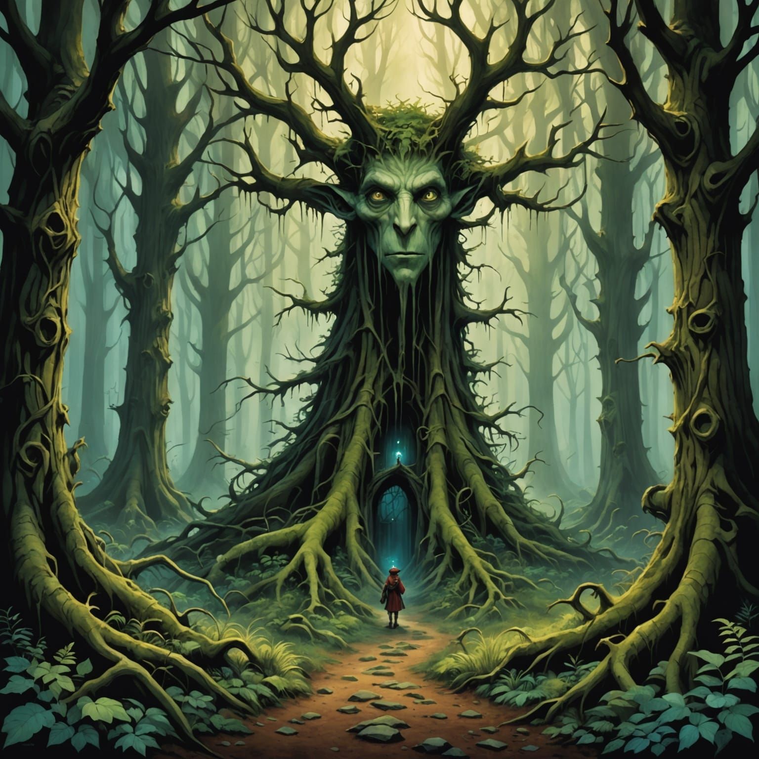 Eldritch Forest Scene in Storybook Illustration Style